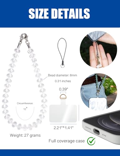 CH.yishi Handmade Natural Gemstone Crystal Beaded Charm Cell Phone Camera Lanyard, Hands-Free Wrist Strap, Phone Chain String, Keychain Decor for Walle (Silver, Clear quartz)