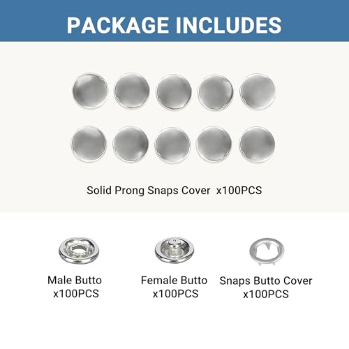 100 Sets Metal Snap Buttons, Sterling Silver Solid Sewing Snaps for Fabric, Prong Snap Button Kits for DIY Crafting Clothing Sewing (9.5mm / 400 PCS) - color: Solid Silver