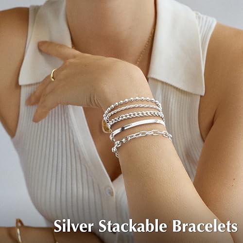 Gold Bracelets Set for Women Stack, Chunky Thick Bracelets Stack for Women Trendy, Simple Dainty Thin Gold Plated Cuff Stackable Bracelets With Beaded Cuban Paperclip Snake Rope Bangle Hand Chain Jewelry - style: Style 05-silver