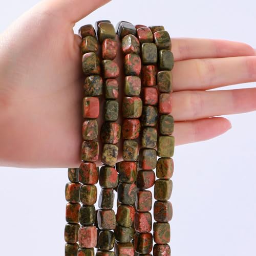 Natural Large Unakite Cube Stone Beads 8x11mm 38cm/str Loose Semi Gemstone Stone Square Beads for Making Bracelets Necklace - color: Unakite