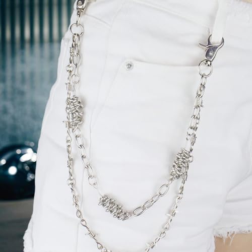 Layered Punk Pants Chain for Men Women, Gothic Hip Hop Jean Chain Wallet Chain Biker Trouser Chain, Goth Emo Fashion Keychain Accessories - color: 2L-Silver Twisted