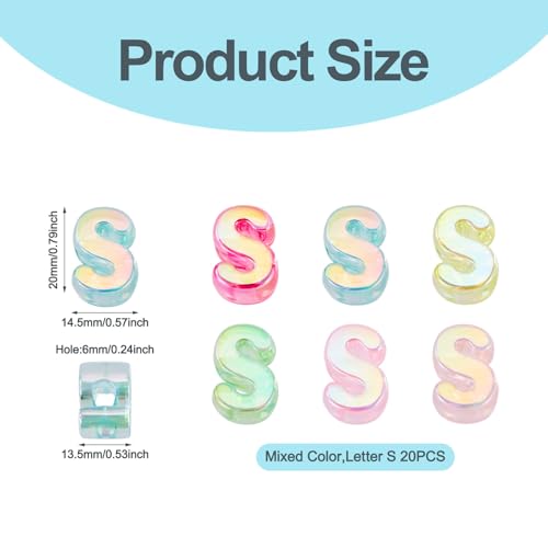 FASHEWELRY 20Pcs Large Hole Acrylic Beads Letter S Iridescent Big Plastic Letter Blocks European Beads Clear 3D Letters Initial Alphabet Bead for Keychains Necklace DIY Arts Craft - color: Random Clear, size: S