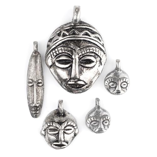 TheBeadChest 5 Pendant Bundle: African Silver Masks: Genuine West African Mask Design for DIY Jewelry & Necklaces - color: Silver, size: Variety Pack (5 Pendants)