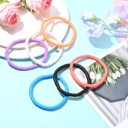 Ornaland 12 Pcs Hei Shi Surfer Bracelets Friendship Bracelets Clay Bead Bracelets Polymer Stretch Bracelet Stackable Bracelet Set Women Summer inner diameter of the bracelet is about 6.5~7cm