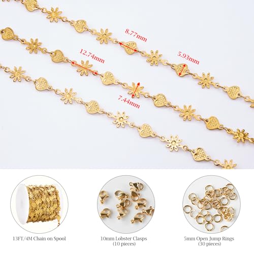 KYUNHOO 4.3 Yard Stainless Steel Heart Chain for Jewelry Making Gold Plated Flower Chains Bulk with Lobster Clasps and Jump Rings for Necklace Bracelet Crafting - color: FLower Gold
