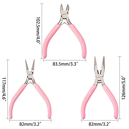 SUNNYCLUE 3pcs Jewelry Pliers Tool Set Professional Precision Tools for DIY Jewelry Making - Side Cutting Long Chain Nose Round Nose Pliers, Pink
