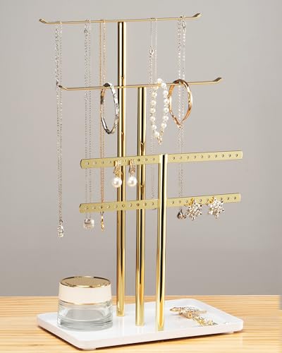 pickpiff Jewelry Stand Holder Organizer: 14.5" Sturdy Hanger for 80 Pcs Jewelry, Jewlery Tower for Display Necklace, Earring, Bracelet, Watch, Mirrored Gold - color: Mirrored Gold, size: 14.5" Height