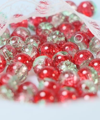 100Pcs 10mm Crackle Glass Beads for Jewelry Making - Round Spacer Crystal Beads Bulk, DIY Craft Supplies for Necklace Bracelet Earrings (Red Green) - color: Red Green