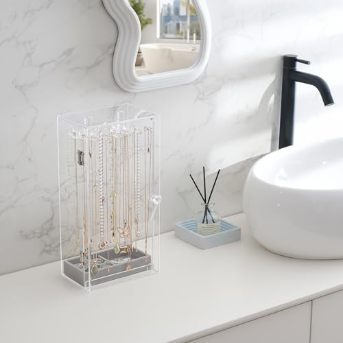 Lolalet Necklace Holder Organizer, Acrylic Jewelry Organizer with 24 Hooks, Rotating Clear Necklaces Display Box, Dust-proof Jewelry Storage Case with Velvet Tray -Clear - color: 2 -Clear