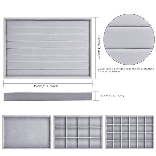 Lainrrew Jewelry Tray, 4 Pack Jewelry Organizer Velvet Jewelry Tray Stackable Jewelry Trays, Necklace & Earring Holder, Divided Bracelet & Ring Storage, 13.8"x9.5"x1.2" - Elegant Display Case (Gray) - color: Gray