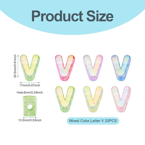 FASHEWELRY 20Pcs Large Hole Acrylic Beads Letter V Iridescent Big Plastic Letter Blocks European Beads Clear 3D Letters Initial Alphabet Bead for Keychains Necklace DIY Arts Craft - color: Random Clear, size: V