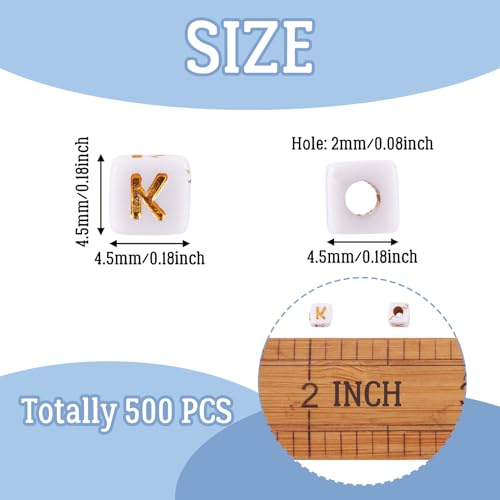 FASHEWELRY 500Pcs White Golden Letter Beads 4.5mm Square Alphabet Beads Acrylic Cube Letter K Beads for Friendship Bracelet Necklace Keychains Jewelry Making - color: Letter K