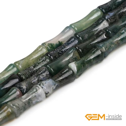 GEM-Inside 30Pcs 5x12mm Natural Green Moss Agate Stone Semi Gemstone Plant Bamboo Knot Bone Beads for Jewelry Making Power Energy Chakra Stone Beads - color: Green Moss Agate