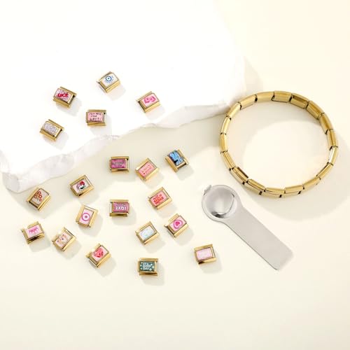 Italian Charms Bracelet Sets with 1Pcs Starter Brascelet 9Pcs Charms 9mm Italian Modular Charm Bracelet DIY Module Jewelry Gifts - color: A-Starter Bracelet Set-20Pcs Gold Pink