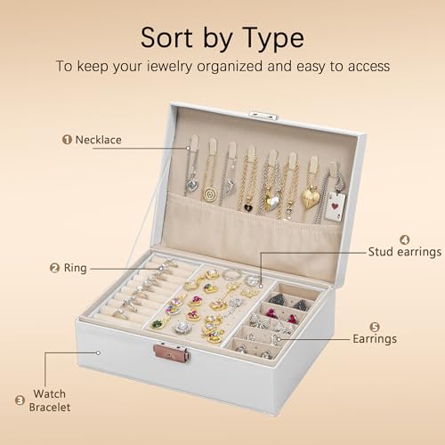 Homeanda Jewelry box 2 layer Jewelry box Leather Jewelry boxes for Women Girls Teens Jewelry organizer box Jewelry Storage box with lock(White) - color: White