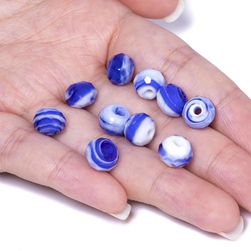 7.5×10mm 50pcs Blue White Faceted Lampwork Glass Beads for Jewelry Making, Flat Round Handmade Murano Beads for Bracelets, Crafts, Friendship Bracelet Kit, Rosary Making - color: Blue White