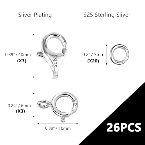 925 Sterling Silver Lobster Claw Clasps Set, Lobster Clasps Connector Closures and Spring Clasps with Open Jump Rings for Necklace Bracelet DIY Jewelry Finding Supplies (26pcs) - color: 26PcsB