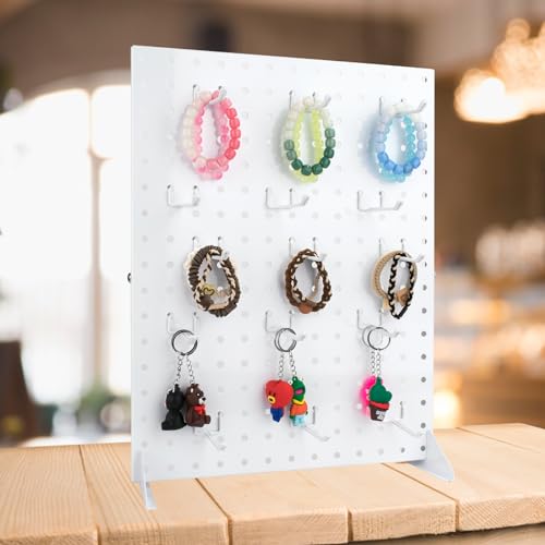 Peg Board Display Stand with 15 Hooks, Tabletop Metal Pegboard Shelf for Craft Shows & Fairs, Retail Stores, Vendors Arts and Crafts Finishing - 17x13Inch & White - color: White