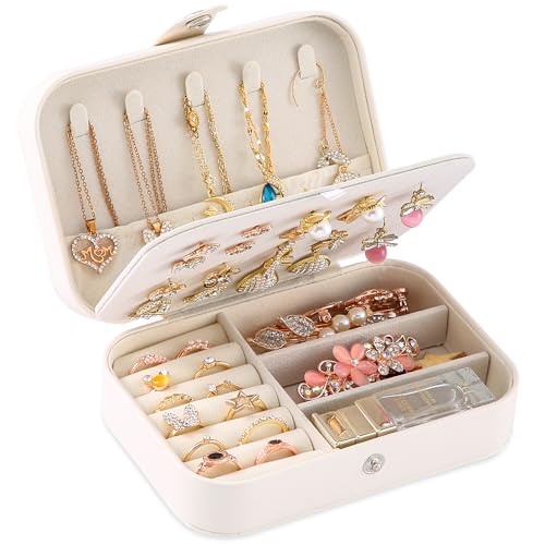 Travel Jewelry Box, PU leather Small Jewelry Organizer For Female Girls, double layer portable mini travel case for storing earrings, rings, necklaces.(Bright White) - color: Bright White