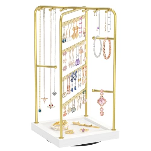 MODOWEY Earring Necklace Holder Organizer Jewelry Stand, Wood Rotating Display Tree for Vendor Selling, Tiered Tower Rack for Pierced Stud Bracelet 90+ Pieces Storage, Easy Access for Women, Gold - color: Gold