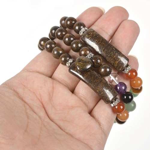 Justinstones Gem Semi Precious Gemstone Love Heart Charm Stretch Beaded Bracelet Unisex - color: Bronzite(7 Chakra)