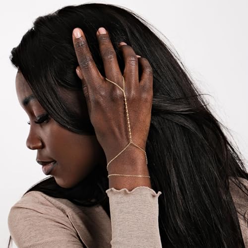 Gold Hand Chain Bracelet for Women, Ring Bracelet Hand Chain Non Tarnish Waterproof Dainty Finger Bracelet Beaded Cubic Zirconia Layered Twist Link Stack Bracelets Trendy Jewelry Gift for Her - color: Bead Double Chain