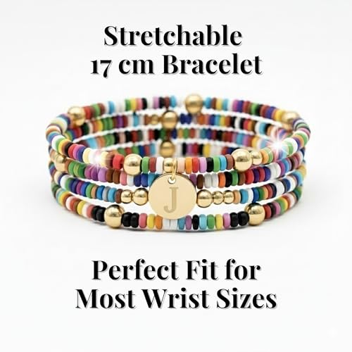 Set of 4 Colorful Bead Initial Bracelets, Personalized Stackable Jewelry, Adjustable Stretchy Charm Bracelets for Women, Beaded Bracelet Set, Trendy Custom Jewelry Gift - style: Colorful Bead - J