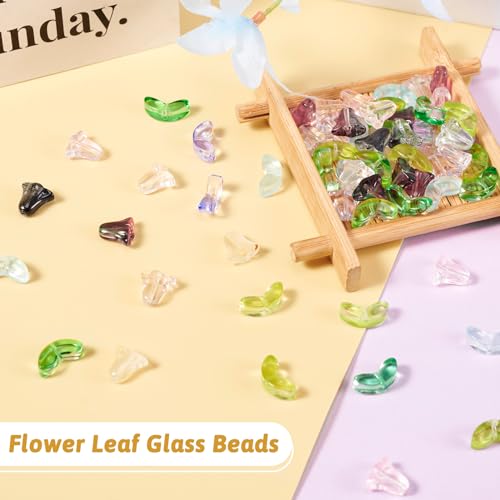 Glass Leaf Beads Crystal Glass Leaf Charms Transparent Leaves Pendants Tiny Green Leaf Bead Caps for Christmas Earring Bracelet Jewelry Making DIY Keychain Craft - color: Tulip & Bellflower