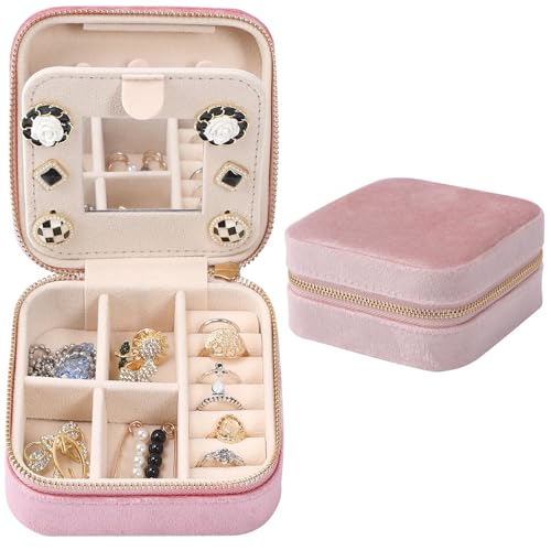 Dajasan Velvet Travel Jewelry Box, Mini Travel Jewelry Case, Small Portable Travel Jewelry Organizer Box with Mirror for Earrings Bracelets Rings Necklace (Pink) - color: Pink 3, size: Small