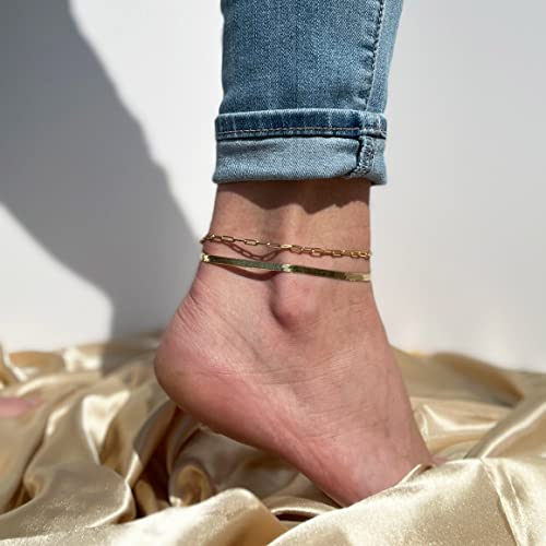 DEARMAY 14K Gold Plated Ankle Bracelets Set for Women Waterproof, Anklets for Women Cuban Link Layered Pack Jewelry Gift - color: Gold Anklet-T