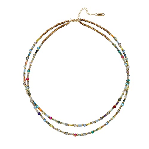 Plumiss Boho Handmade Natural Jasper Stone Beaded Crystal Mixed Strand Short Necklace for Women Girl - color: Crystal