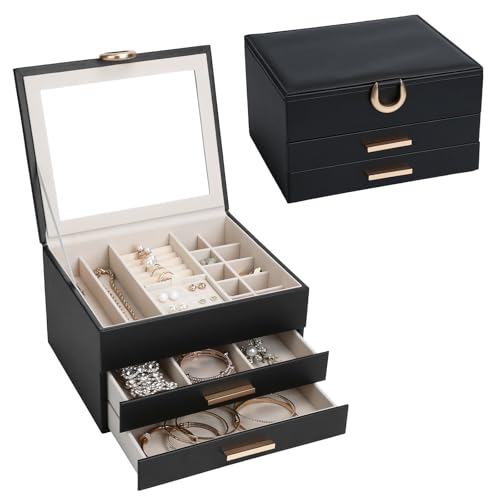 Women's Luxury Jewelry Armoire with Mirror - Compact 2-Drawer Chest with Ring Rolls & Necklace Hooks, Ideal Gift for Women Black - color: Black15, size: 3-Layer