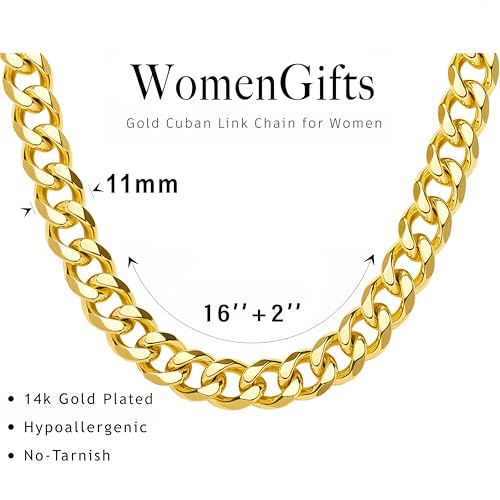 WomenGifts Cuban Link Chain Necklace for Women, Waterproof 14k Gold Silver Plated Chain Choker, Non Tarnish Stainless Steel Jewelry, 3.5/5/6/8/11mm,14/16/18 Inch Thin&Chunky&Thick - color: Gold, style: 11MM-16"