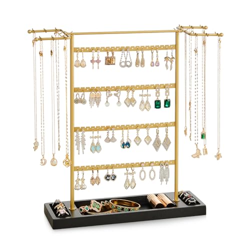 Pinzoveco Jewelry Organizer, 4 Tier Earring Holder Organizer with Base Tray, Jewelry Holder Organizer Stand for Necklaces Holder, Rings, Bracelets, Jewelry Display and Storage (Golden and Black) - color: Golden and Black