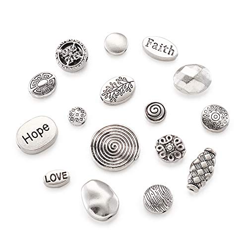 Beadthoven 80pcs/Box Tibetan Style Flat Round Oval Spacers Beads 16style Antique Silver Hope Faith Love Disc Coin Beads for Bracelet Necklace Jewelry Making Supplies - color: Antique Silver-RoundOval-16styles