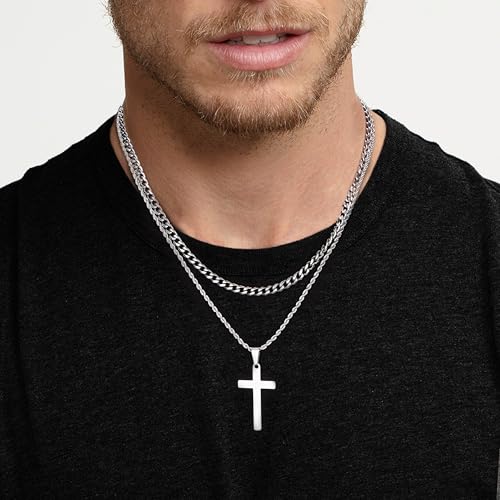 LOYALLOOK 6PCS Silver Chain for Men Women Stainless Steel Cross Chain Layered Cuban Link Figaro Snake Box Chain Cross Pendant Necklace 18-20IN/20-22IN - size: 20inch/22inch