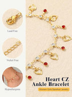 U7 Women Girls Barefoot Jewelry 18K Gold or Rose Gold Stainless Steel Heart/Rope/Figaro/Cuban Chain Anklet Foot Bracelet, 25-30 CM Long - color: Gold Plated-Red-Heart Charm