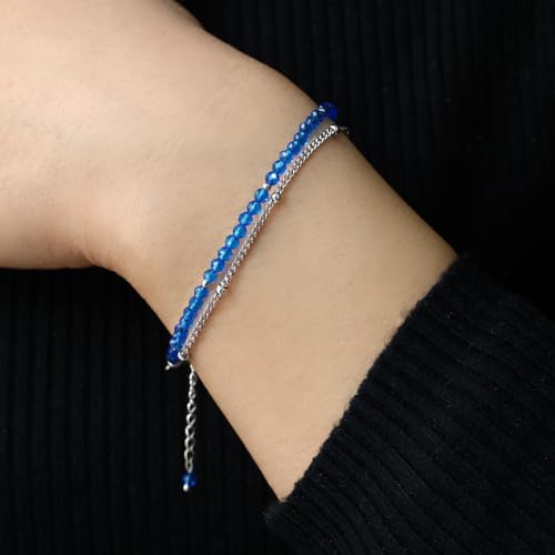 Peridot Stand Silver Gold Bracelets, Handmade Birthstone Stack Bracelet Crystal Gemstones Bead Chain Gift for Women, 8" - color: Silver-12-Sea Blue Spinel