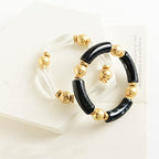 LALAPPLE Gold Plated Beaded Acrylic Bamboo Tube Bangle Bracelets for Women, Colorful Chunky Curved Tube With Gold Plated Pieces Beads Stretch Bracelet Friendship Summer Beach Jewelry - color: R-Black&Clear 2pcs