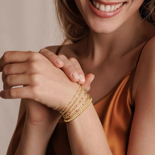 adoyi Gold Bracelets for Women, 14K Gold Plated Stackable Bracelet Stack Set Adjustable Charm Paperclip Chain Cuban Link Layered Waterproof Jewelry Sets Gifts for Womens - color: Gold 6.8 IN General Wrist