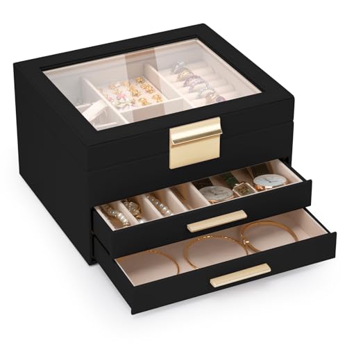3-Layer Jewelry Box for Women, Jewelry Organizer with Glass Lid and Drawers, Jewelry Organizers and Storage for Necklaces, Rings, Earrings, Bracelets - White/Green/Black - color: Black