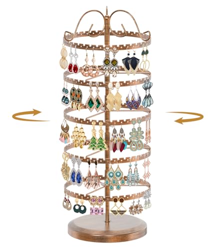 MODOWEY 5 Tier Rotating Earring Holder Organizer Stand, Adjustable Metal Display Tree Rack for Women, 400 Hole and Groove Large Storage for Pierced Stud Dangle Hoop, Compact for Small Dresser, Bronze - color: Bronze, size: 5-tier