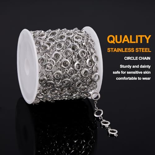 KYUNHOO 4.3 Yard Silver Craft Chains for Jewelry Making Hollow Circle Chain Links with Jewelry Connectors for Handcraft DIY Finding Supplies - color: Circle Steel