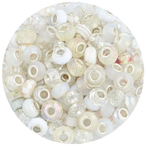 LAIDANLA White Mix Large Hole Beads, 100pcs 15mm Round European-Style Resin, Plastic, Acrylic Craft Beads for Jewelry Making, Bracelet, Necklace, Decoration - color: D-White Mix