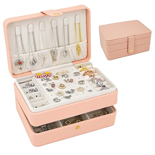 KOOAAICCHI Small Jewelry Box, Travel Jewelry Organizer, Portable Jewelry boxes for Women Girls Gift, Double Layers PU Leather Jewelry Holder for Rings, Earrings, Necklaces-Pink - color: JS-Pink