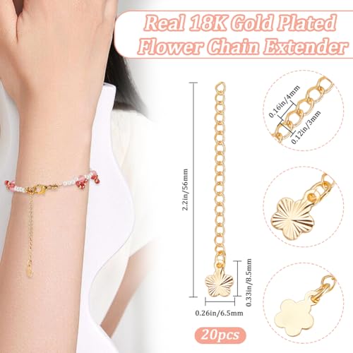 Beebeecraft 1 Box 20Pcs Bracelet Extender Chains Jewelry End Chain Real 18K Gold Plated Brass Craft Flower Charm 5.6cm Cable Chain for Jewelry Making Necklaces Bracelets Supplies DIY Crafts - color: Gold-stripe Flower
