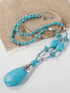 Boho Turquoise Long Beaded Necklace Natural Stone Pendant for Women Vintage Ethnic Alloy Turquoise Western Pendant Jewelry-A