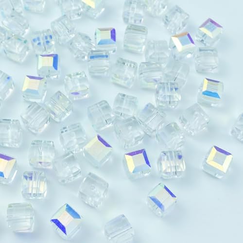 Crystal Glass Beads 100 Pieces 6mm Cube Crystal Glass Beads Faceted Square Shape Spacer Beads for Jewelry Making Bracelet Earring Necklace DIY Craft Making Supplies(Crystal AB) - color: Crystal AB, size: 6mm