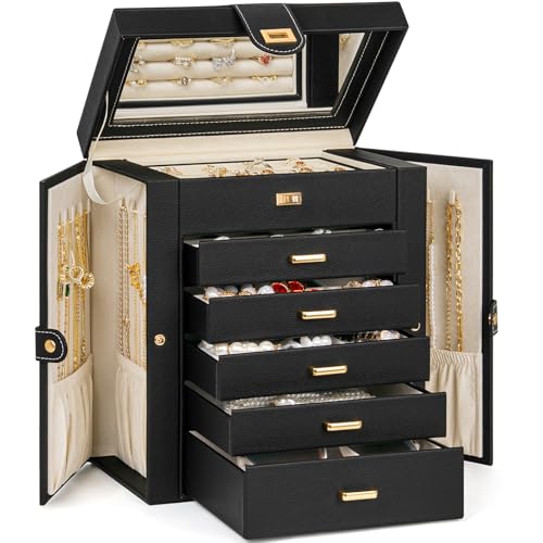 AKOZLIN 6-Tier Jewelry Box Organizer Functional 5 Drawers Leather Jewelry Storage Case for Women Girls Ring Necklace Earring Bracelet Holder Organizer with Mirror Black - color: Black, size: Medium