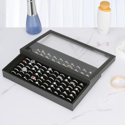 KUKUVR 100 Slots Ring Earring Holder Display Case, Velvet Jewelry Ring Earring Storage Organizer Box Tray with Clear Lid for Women And Selling Show (Black) - color: Black